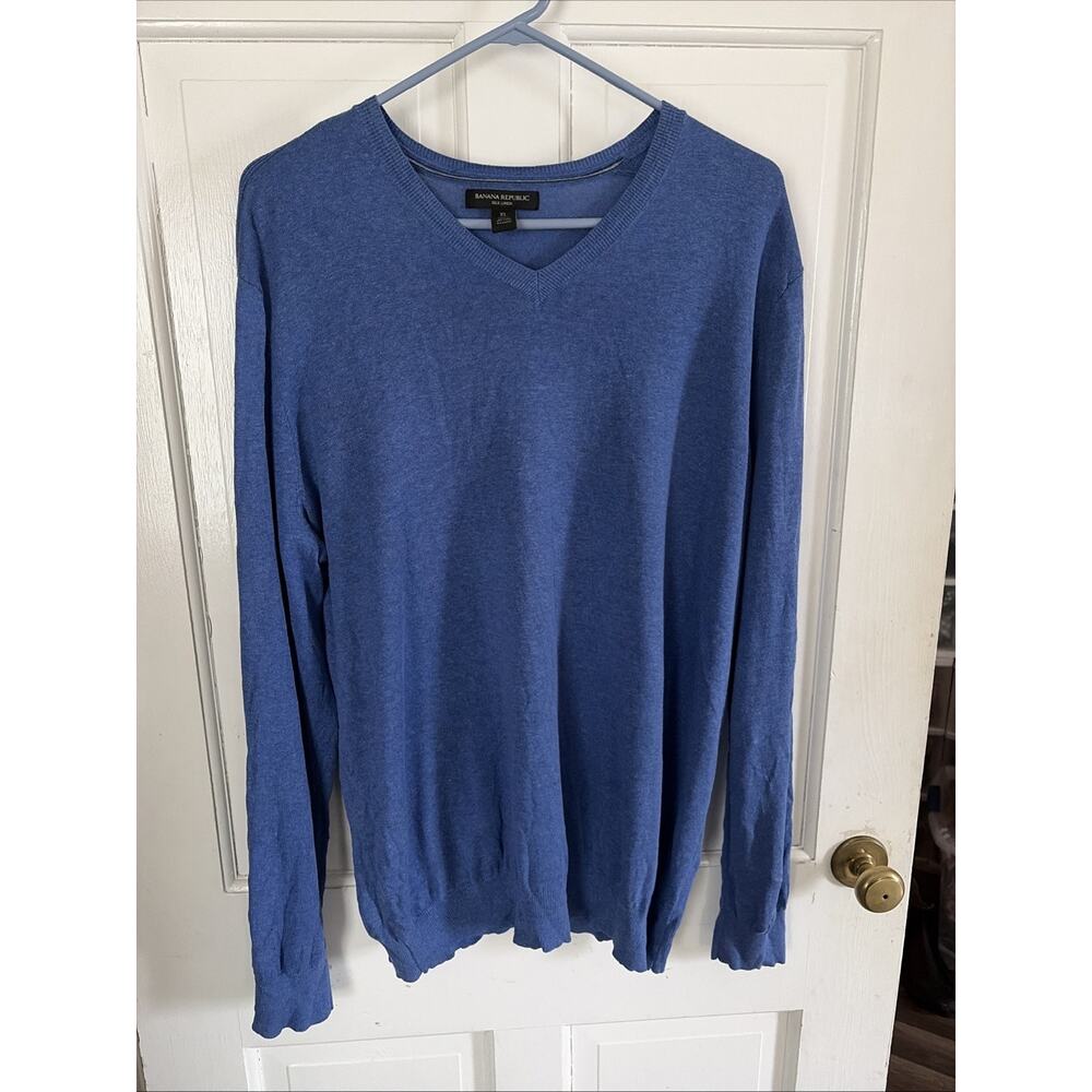 Banana Republic Mens Blue V-Neck Sweater XL Silk Linen Knit Preppy Quiet Luxury